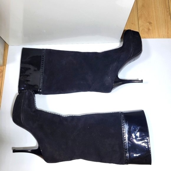 Ysl yves saint laurent platform suede leather knee high stiletto boots black  7 - Picture 6 of 15